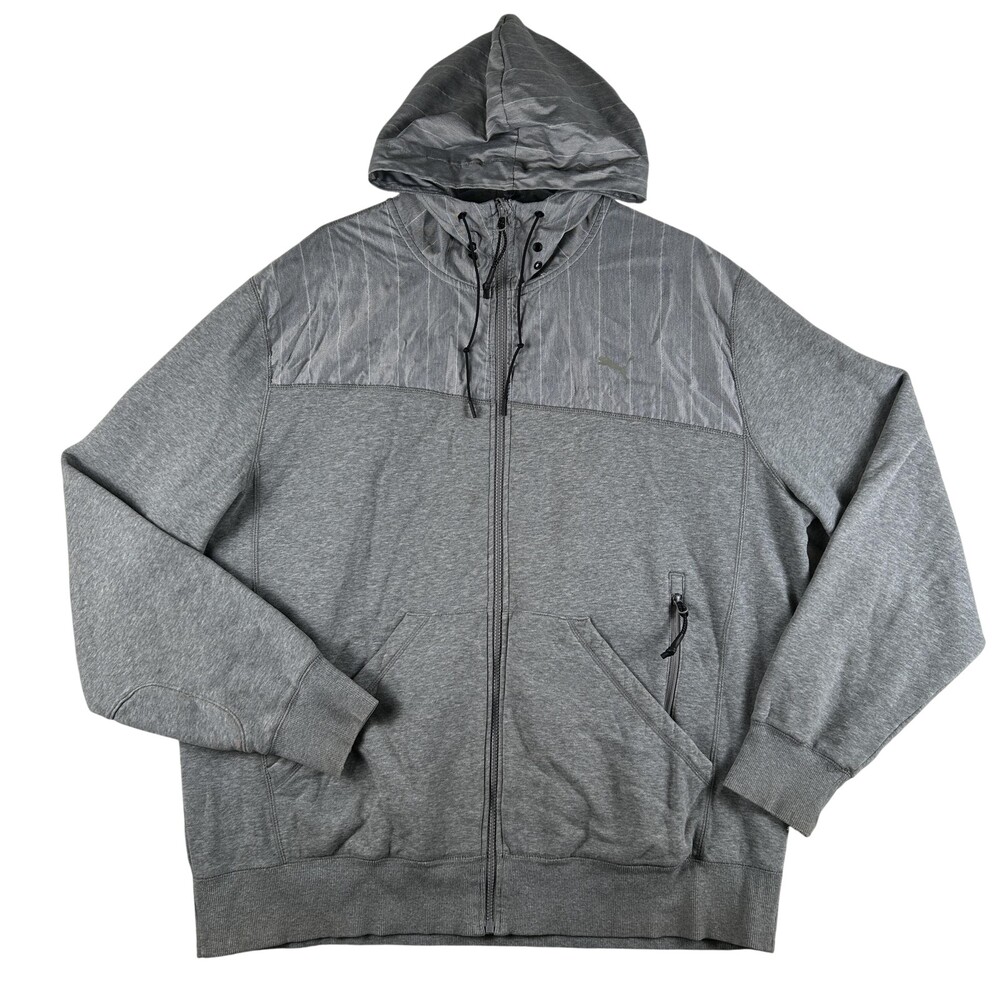 Puma Hoodie Mens 2XL Gray Full Zip Fleece Sweatshirt Herringbone Panels Logo